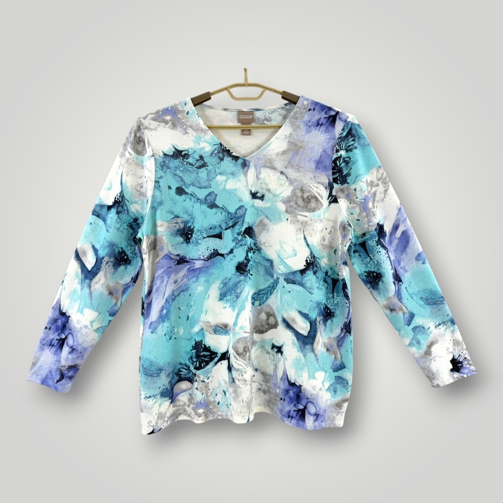Chicos Womens Size XL Blue Abstract Floral V-Neck Long Sleeve Top Knit